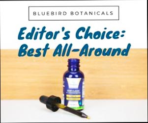 Foto de la botella de CBD de Bluebird Botanicals con texto: Mejor opción del editor